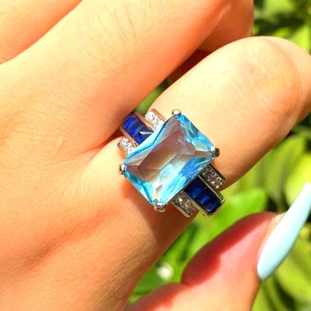 🎀925 Aquamarine, Sapphire, Diamond Ring